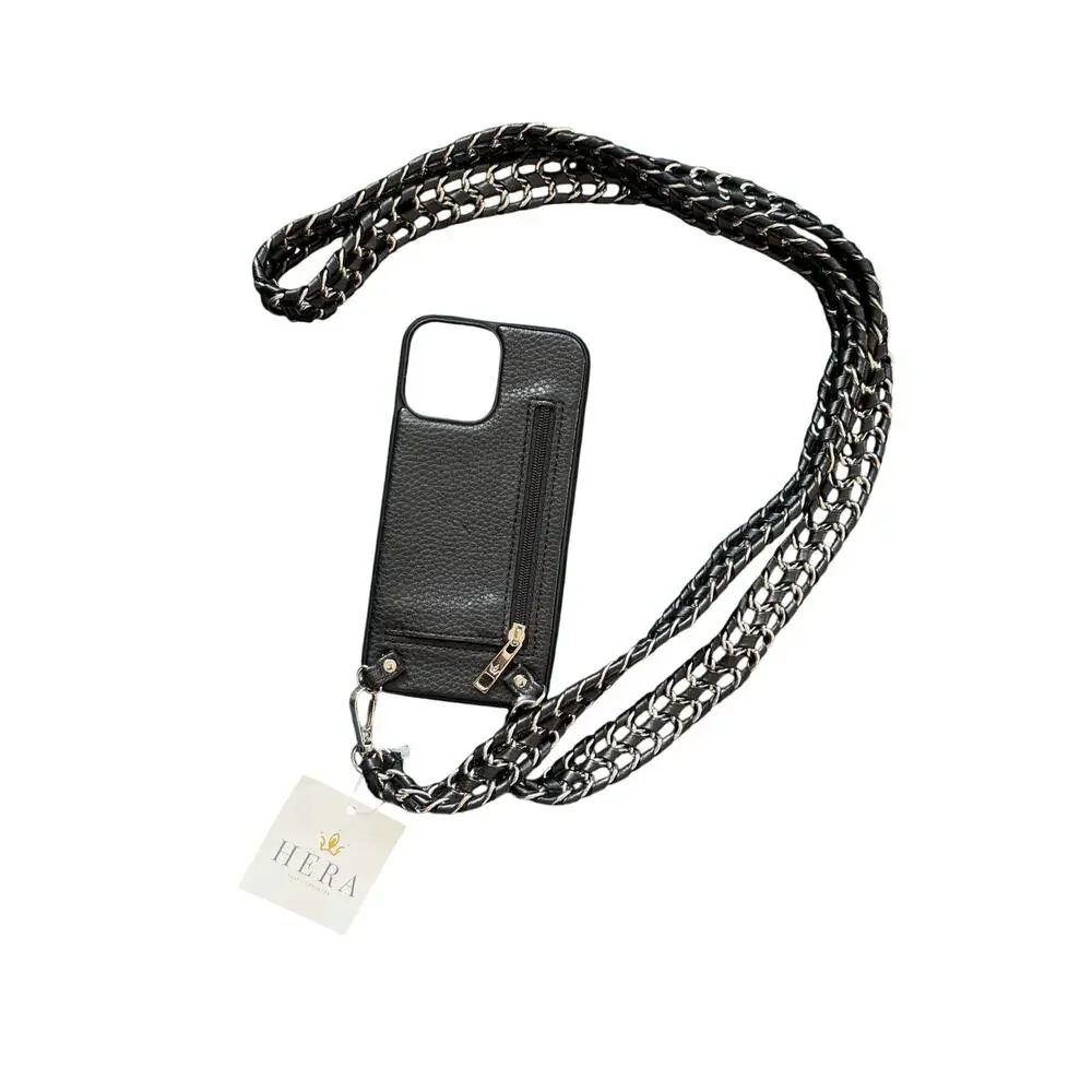 HERA iPhone 13 Pro Max Phone Case Crossbody Strap Set Black Chain Lanyard Holder
